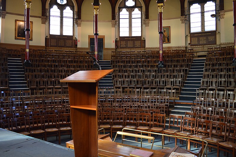 Photo of empty lecture hall from the viewpoint of the podium.