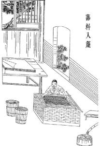 Woodcut depicting ancient Chinese citizen making paper.