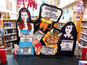 Banned books display.