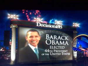 Broadcast still announcing Barack Obama won the 2008 presidency.