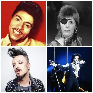 Collage of music performers Little Richard, David Bowie, Boy George, and Prince