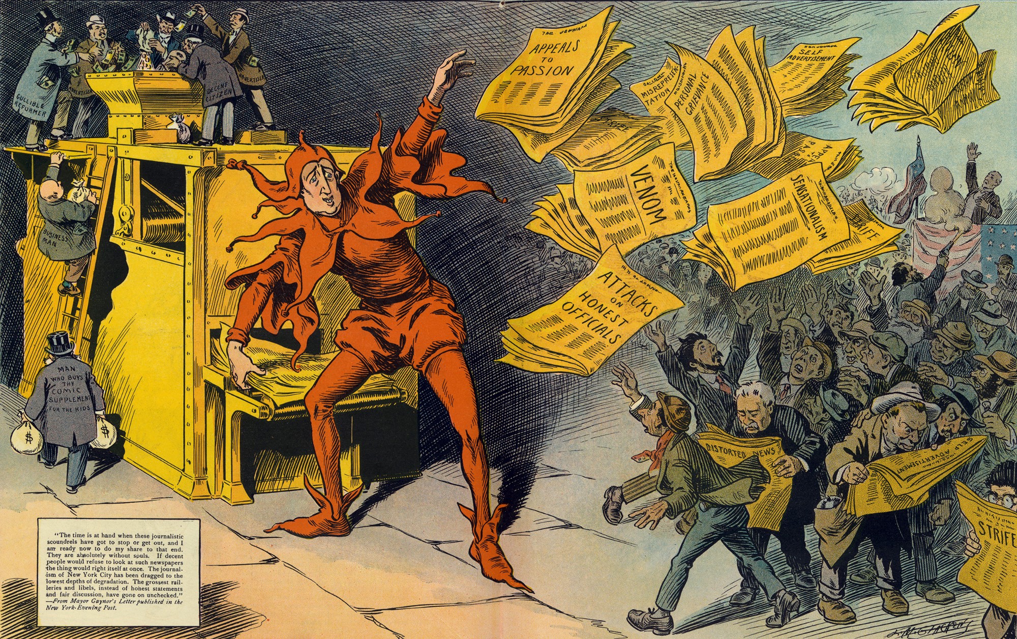 Illustration depicting Heart distributing newspapers with lurid headlines