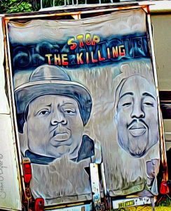 Painting lamenting the loss of rappers Tupac Shakur and Notorious B.I.G.