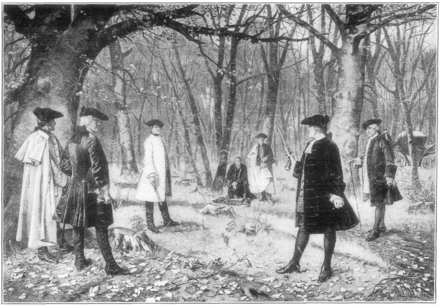 sketch depicting Aaron Burr and Alexander Hamilton duel